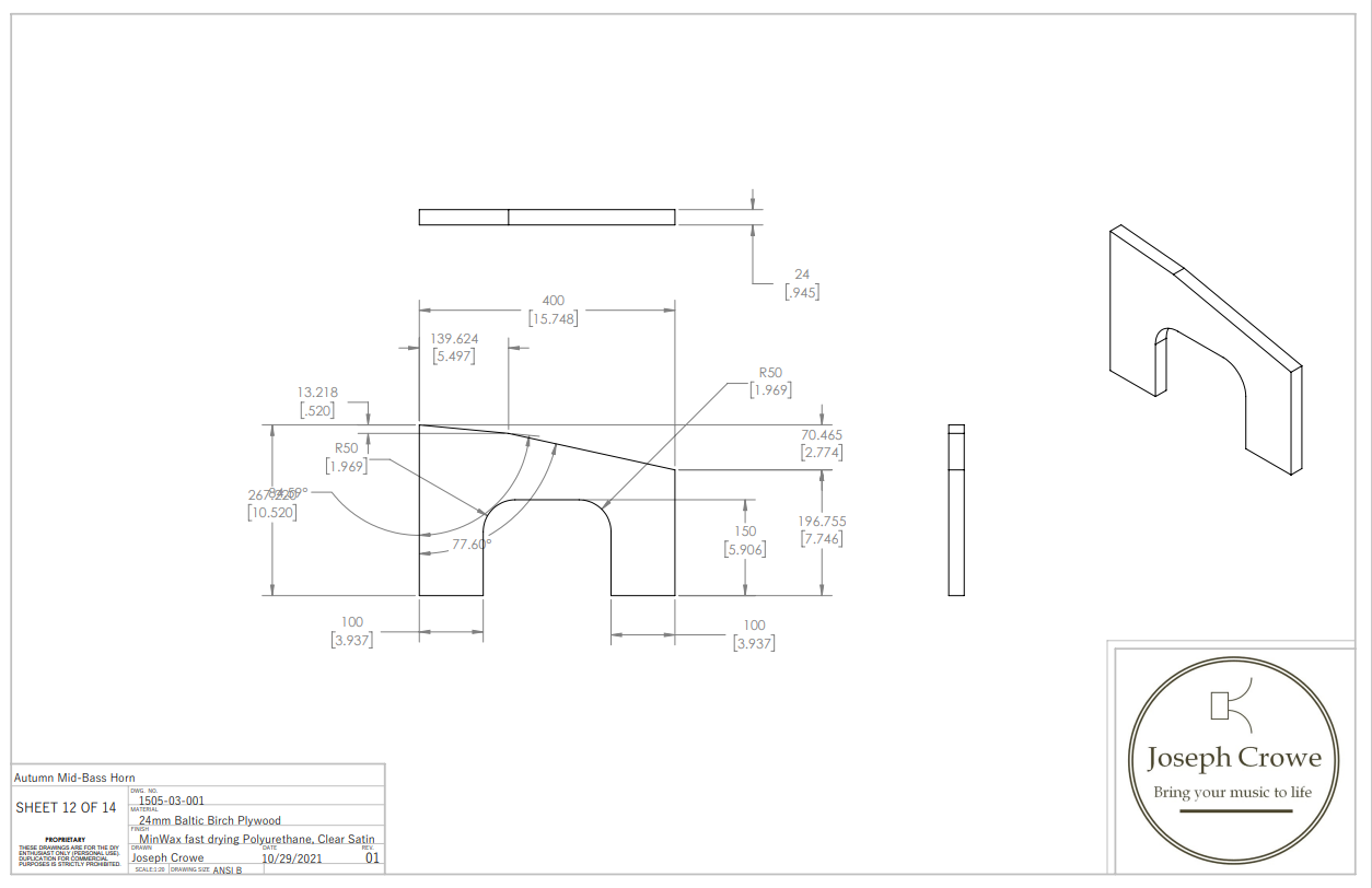 Mid-Bass Front Horn Speaker Plans No.1505 for Precision Devices PD.123C001 12" Bass/Midrange Driver