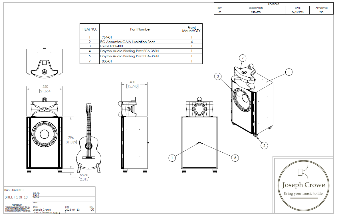 Bass Cabinet Plans No. 1964 -- 15" Faital 15PR400 Woofer