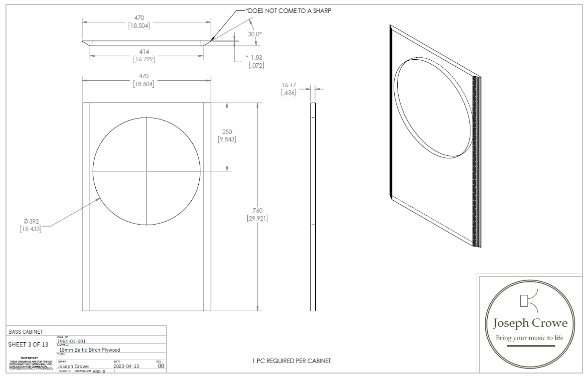 Bass Cabinet Plans No. 1964 -- 15" Faital 15PR400 Woofer