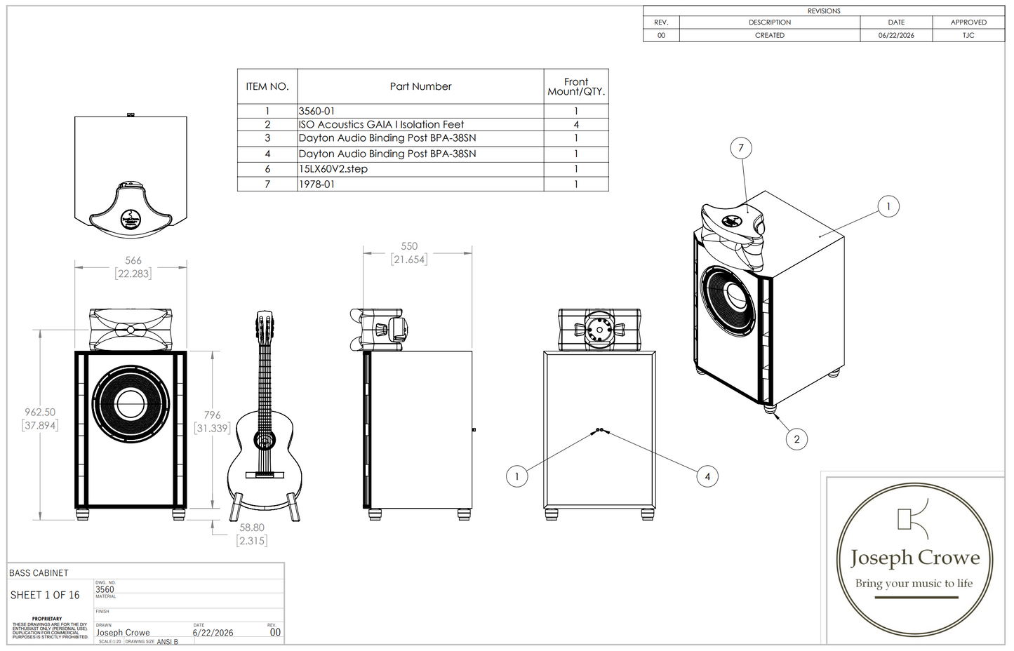 Onken Bass Cabinet Plans No. 3560 -- 15" Beyma 15LX60V2