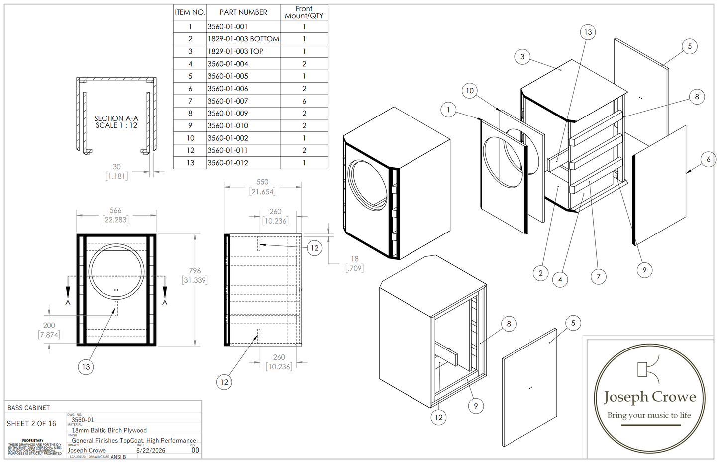 Onken Bass Cabinet Plans No. 3560 -- 15" Beyma 15LX60V2