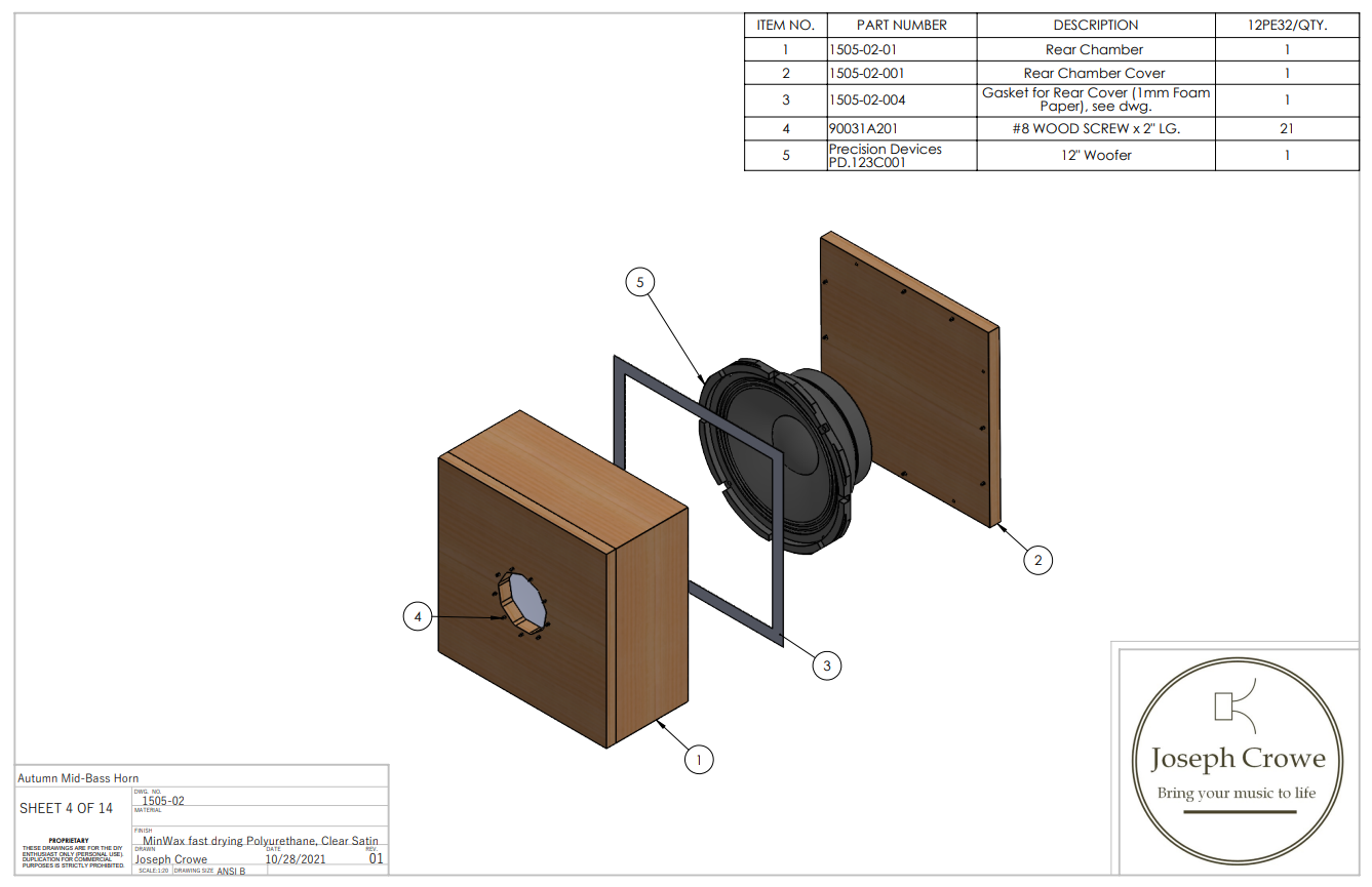 Mid-Bass Front Horn Speaker Plans No.1505 for Precision Devices PD.123C001 12" Bass/Midrange Driver