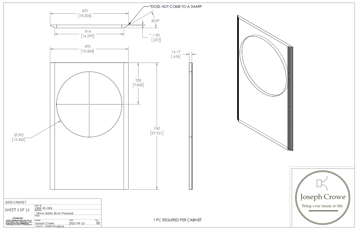 Bass Cabinet Plans No. 1964 -- 15" Faital 15PR400 Woofer – Joseph Crowe